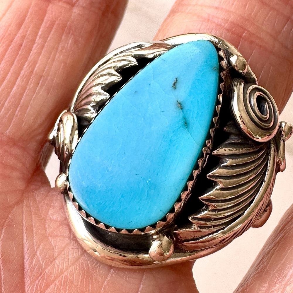 Navajo Turquoise Mens Ring Sz 12 Leaf Feather Signed Morgan Sterling Native Amer